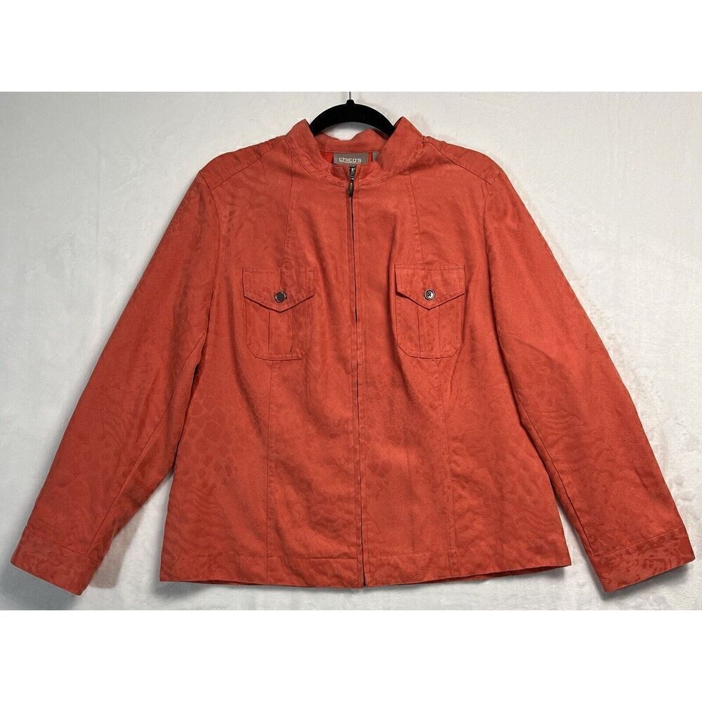 Chico's Orange Zip Front Top Jacket Size 2 Large Snake Print